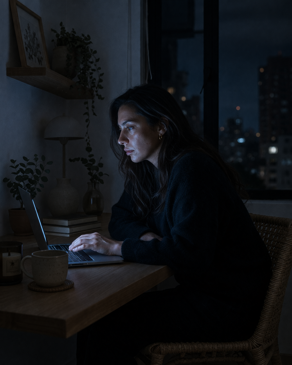 Profesional colombiano en pausa consciente, escritorio minimalista, luz de tarde