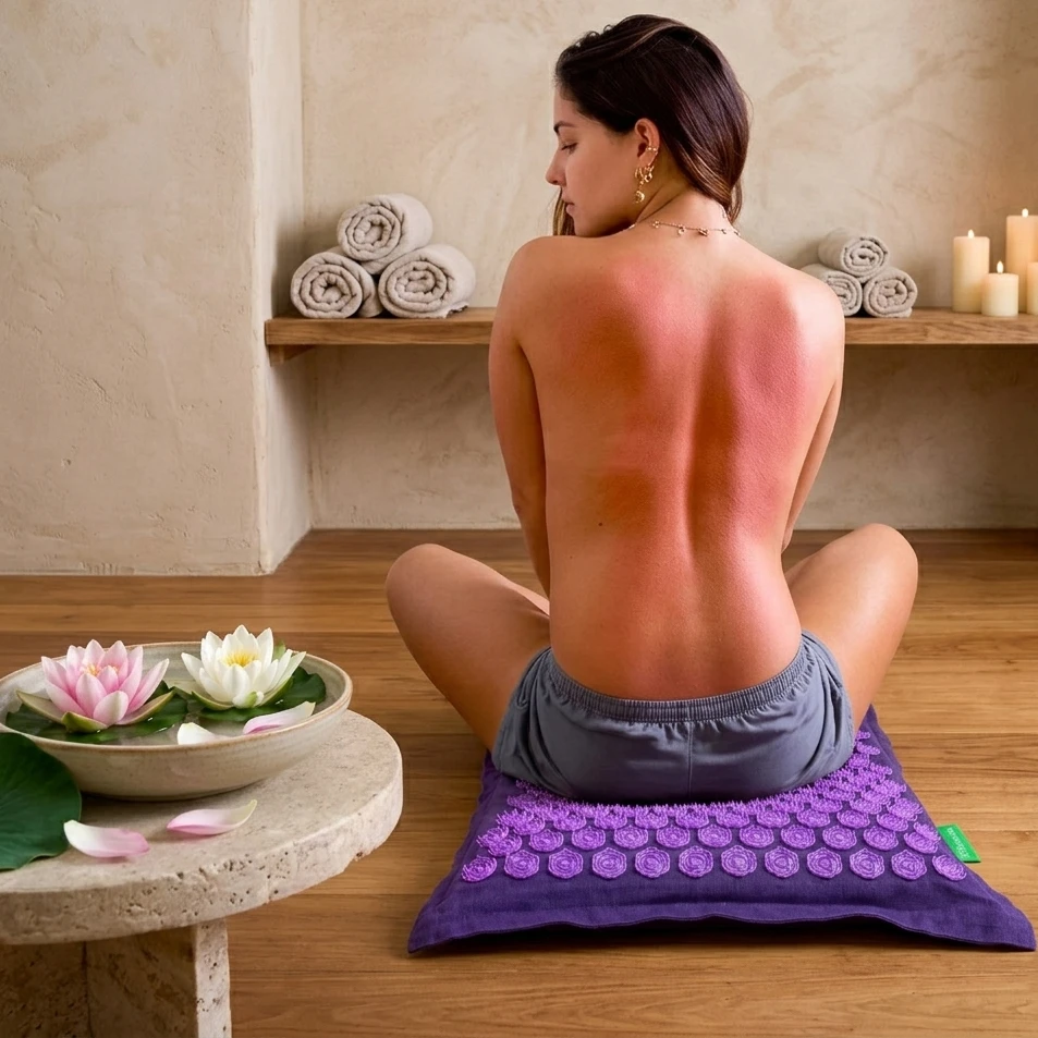Terra — mujer sobre el mat con detalle del punto de acupresión